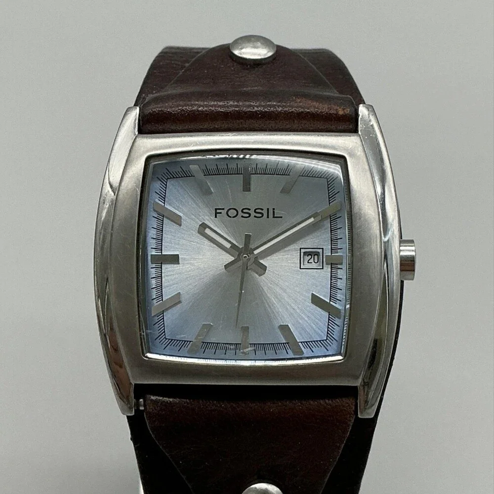 Fossil Mens Watch 33mm Blue Dial Brown Leather Cuff Date JF8133 New Battery